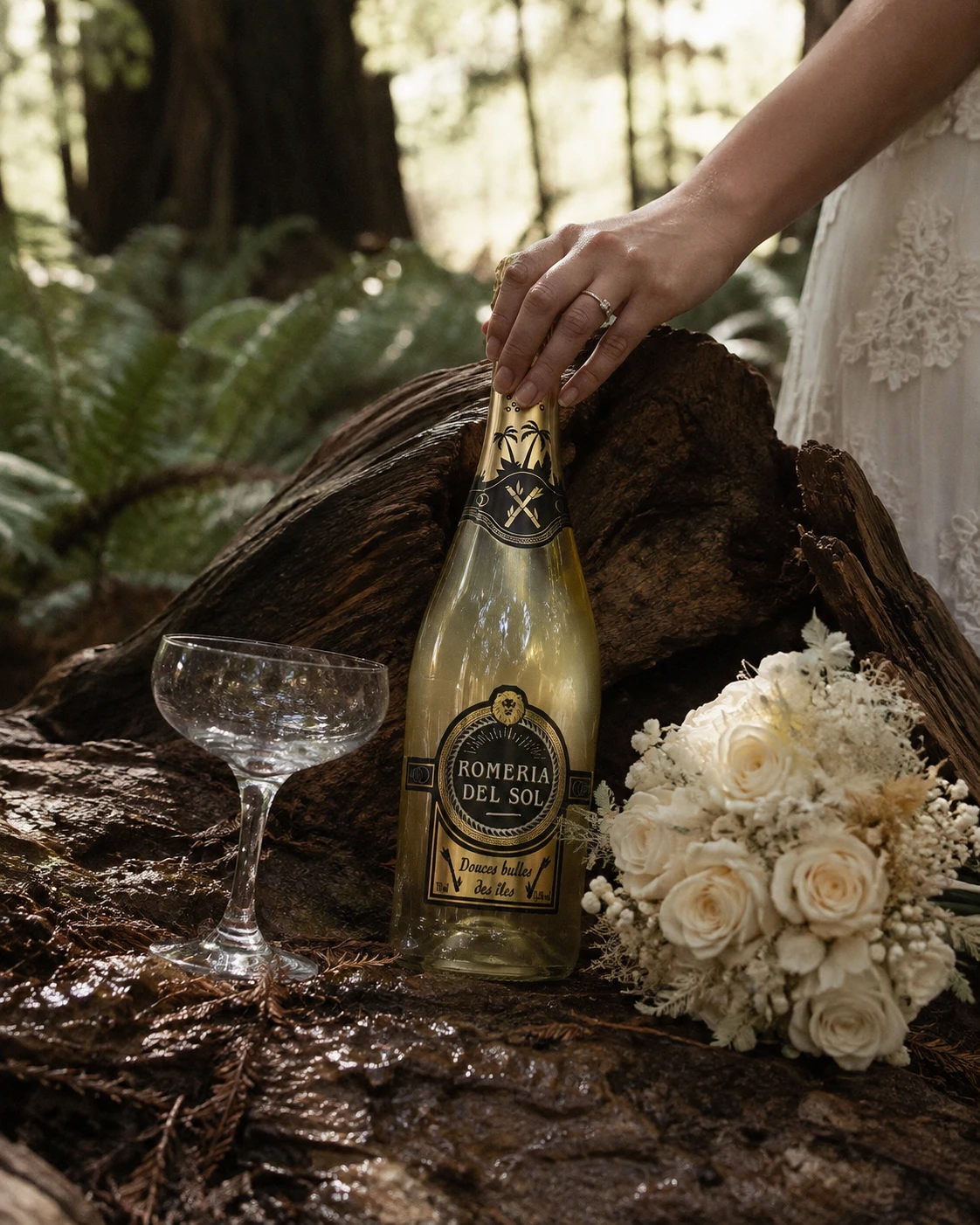 Bouteille Romeria del Sol posée sur un tronc en forêt, à côté d'une coupe et d'un bouquet de mariée