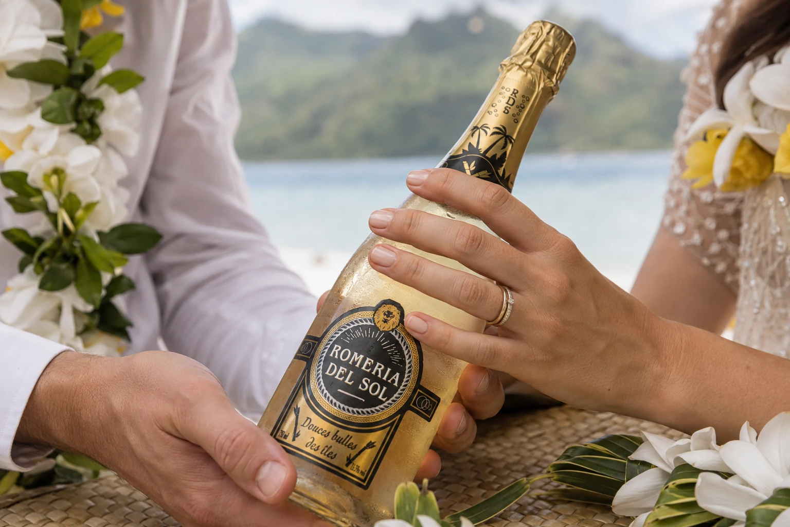 Mariés tenant ensemble une bouteille Romeria del Sol face à un lagon tropical