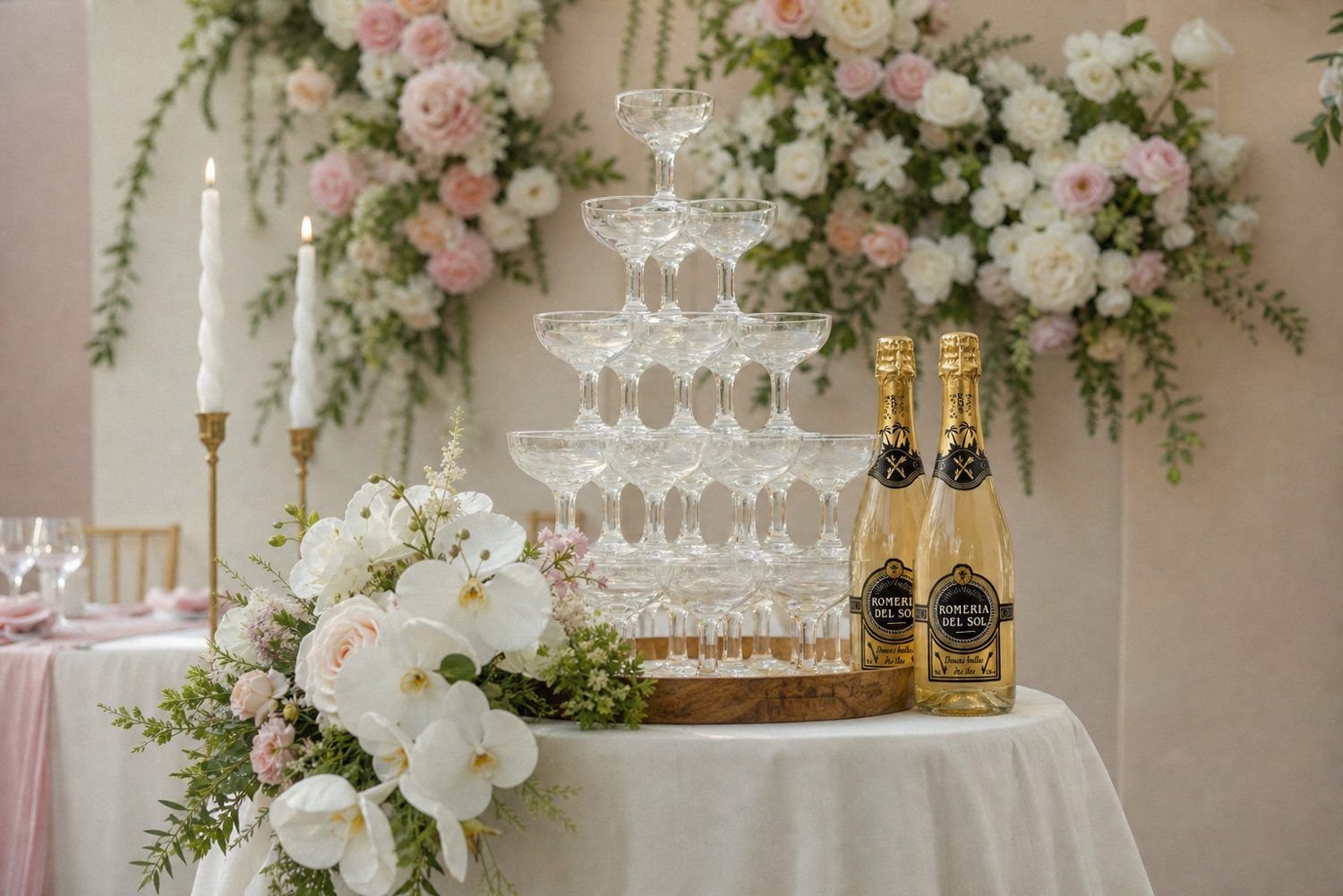 Pyramide de coupes et bouteilles Romeria del Sol pour un vin d'honneur de mariage