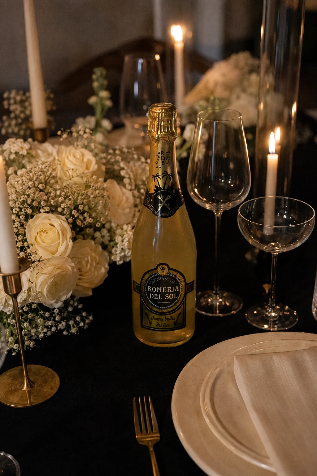 Bouteille Romeria del Sol sur une table de mariage dressée en noir et or, avec bougies et fleurs blanches
